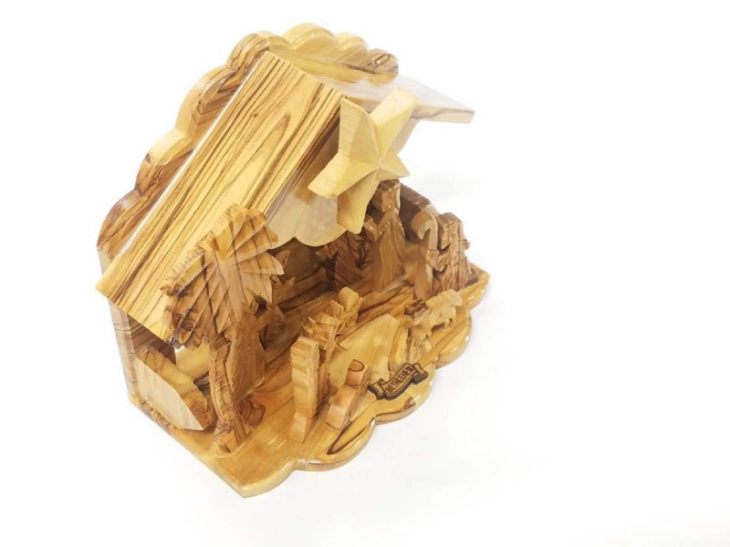 Bethlehem Gifts TM Handcarved Bethlehem Olive Wood Miniature Nativity Scene Set with Stable 12 Pieces (6" Musical Stable) - Image 2